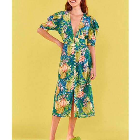 Farm Rio Star Fruit Puff Sleeve Midi Dress Size L NWT - Picture 3 of 15
